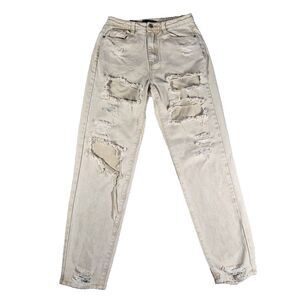 Riot High Rise Mom Jean Women Size 2 (US) Beige Tapered Distressed Cotton 26x28